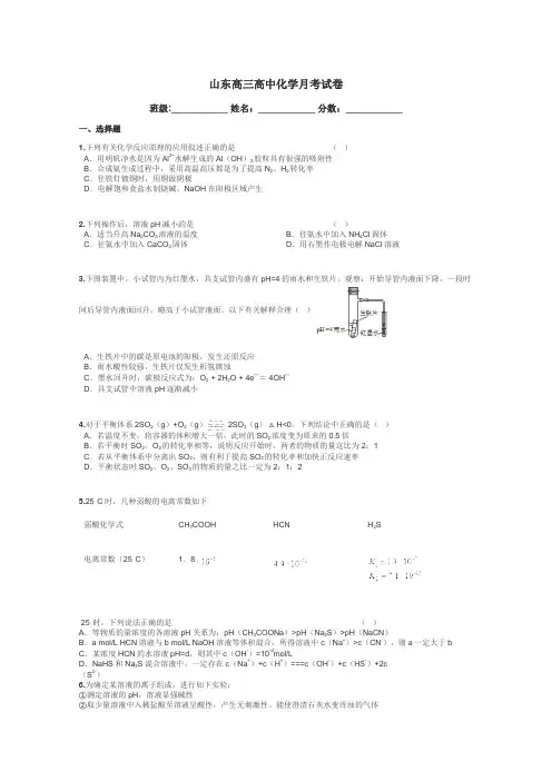 山东高三高中化学月考试卷带答案解析
