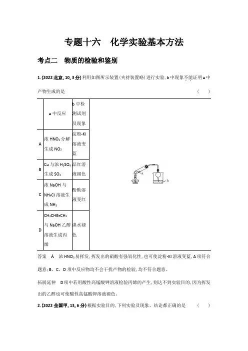 高考化学专题复习-专题十六化学实验基本方法-考点二物质的检验和鉴别-高考真题练习(附答案)