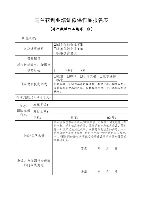 马兰花创业培训微课作品报名表