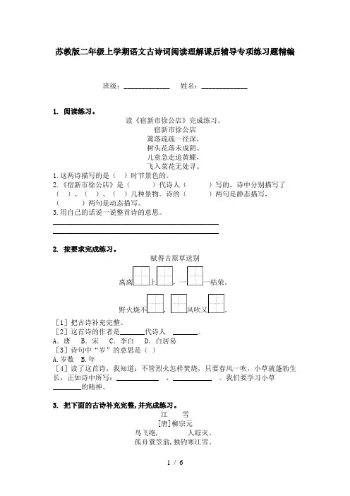 苏教版二年级上学期语文古诗词阅读理解课后辅导专项练习题精编