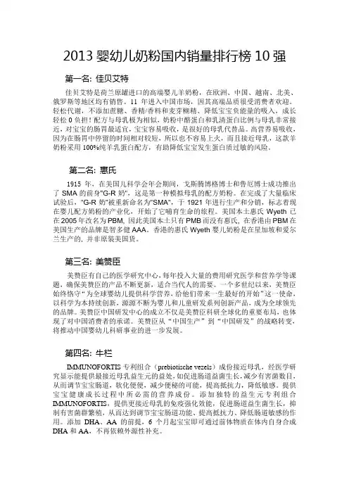 2013婴幼儿奶粉国内销量排行榜10强