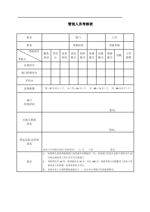 管理人员考核表