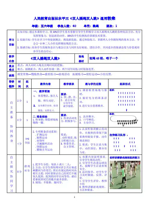 小学精体育与健康五六年级《跳绳双人摇绳双人跳》通用教案（人教版）  