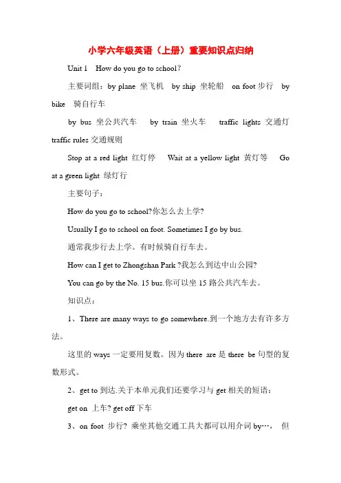 小学六年级英语(上册)重要知识点归纳