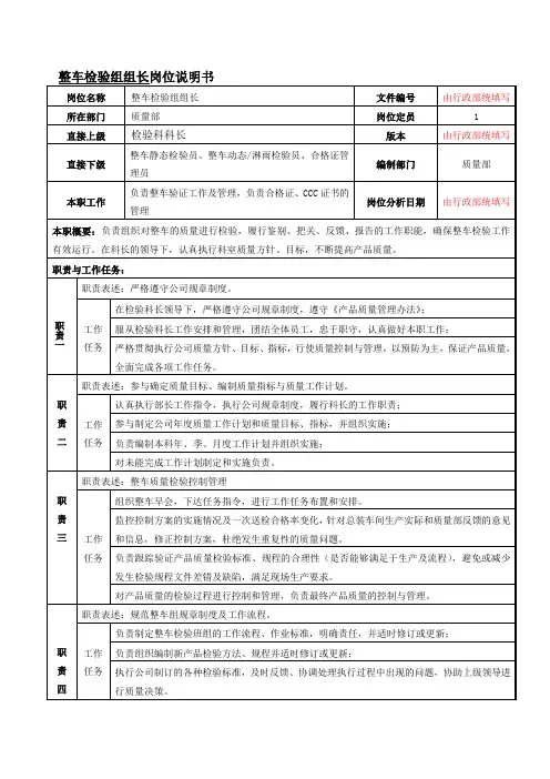 整车检验组岗位说明书