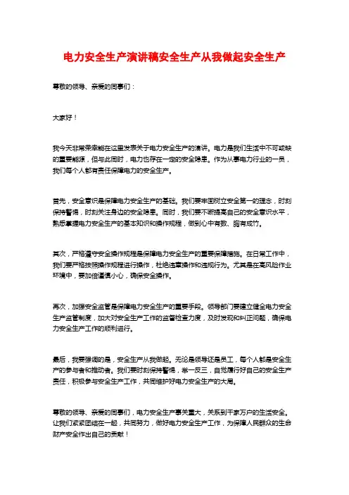 电力安全生产演讲稿安全生产从我做起安全生产