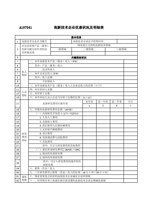 高新技术企业优惠情况及明细表