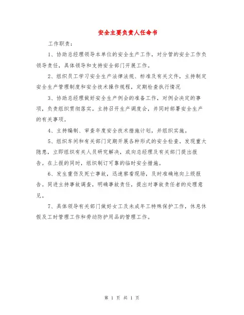 安全主要负责人任命书