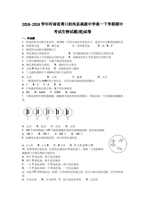 2018-2019学年河南省周口扶沟县高级中学高一下学期期中考试生物试题(理)试卷