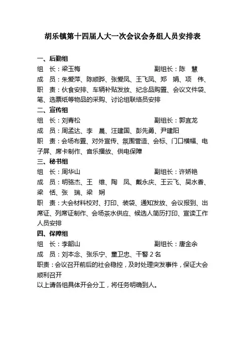 胡乐镇第十四届人大一次会议会务组人员安排表