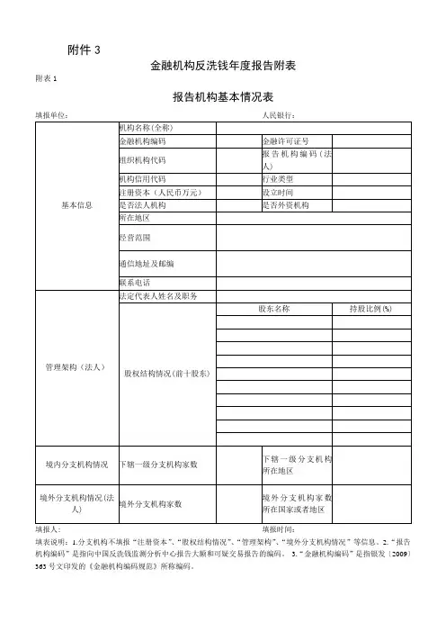 金融机构反洗钱年度报告附表