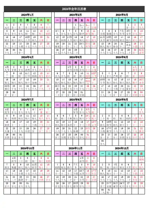 2024年全年阴历阳历日历表含农历A4纸一张打印