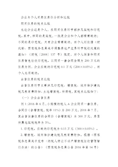 企业与个人买卖住房作分析和比较