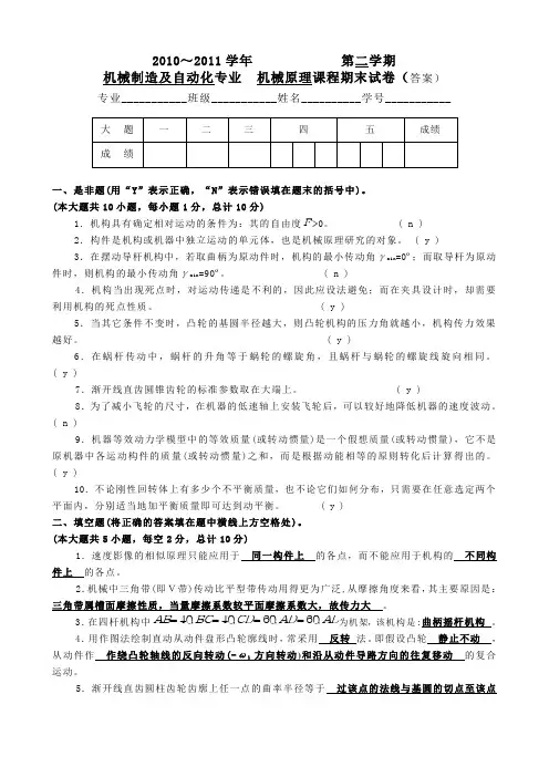 山东建筑大学机械原理期末测试题及答案