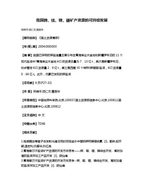 我国钾、镁、锂、硼矿产资源的可持续发展