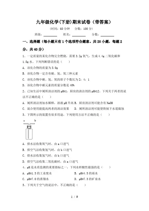 九年级化学(下册)期末试卷(带答案)