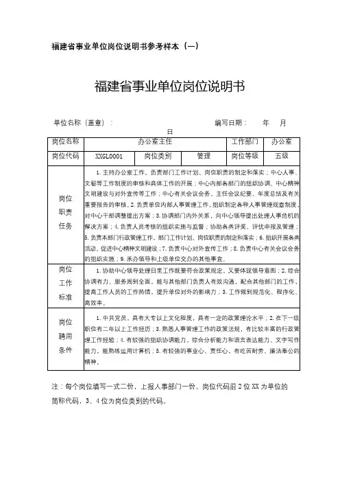 福建省事业单位岗位说明书参考样本【模板】