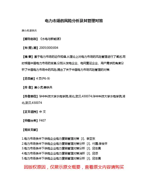 电力市场的风险分析及其管理对策