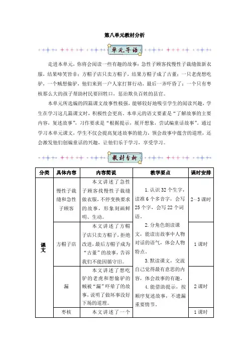 最新部编版三年级语文下册第八单元教材分析