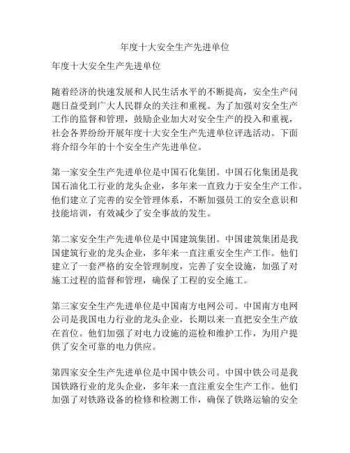 年度十大安全生产先进单位