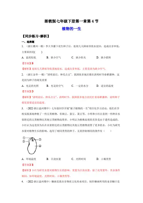 1-4植物的一生(练习)-2023-2024学年七年级科学下册同步精品课堂(浙教版)