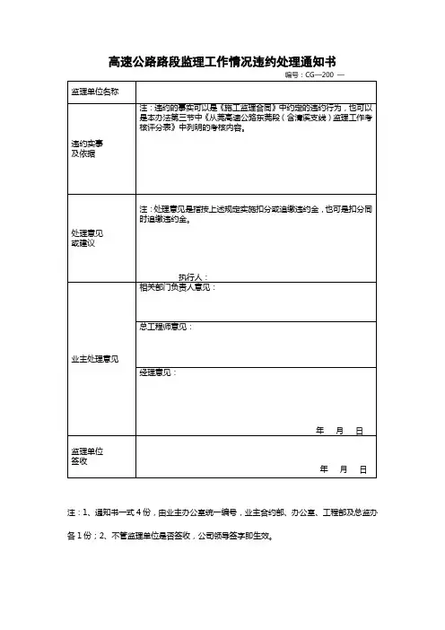 高速公路路段监理工作情况违约处理通知书
