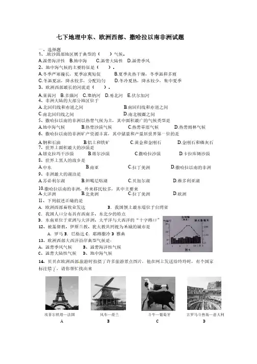 七下地理中东、欧洲西部、撒哈拉以南非洲试题