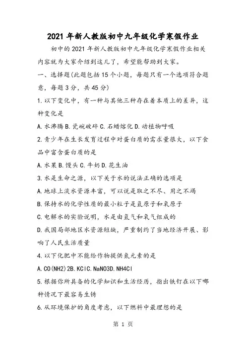 新人教版初中九年级化学寒假作业