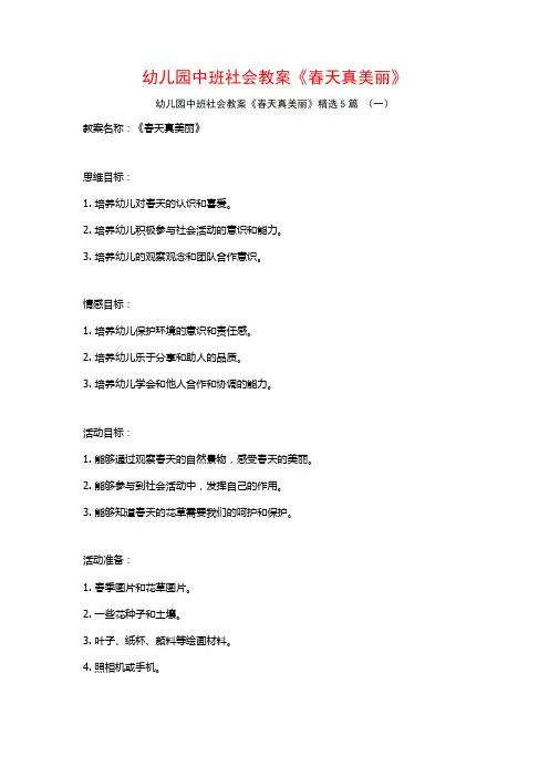 幼儿园中班社会教案《春天真美丽》5篇