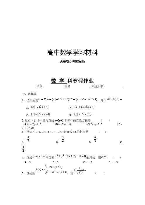 人教A版数学必修一数 学 科寒假作业.doc
