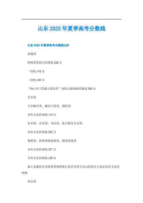 山东2023年夏季高考分数线