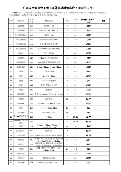广东省交通建设工程主要外购材料信息价(2018年12月)