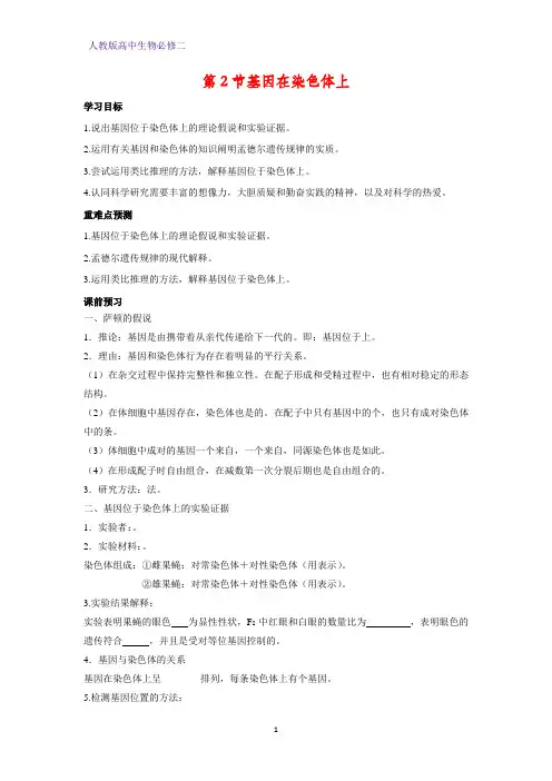 高中生物必修2学案3：2.2基因在染色体上