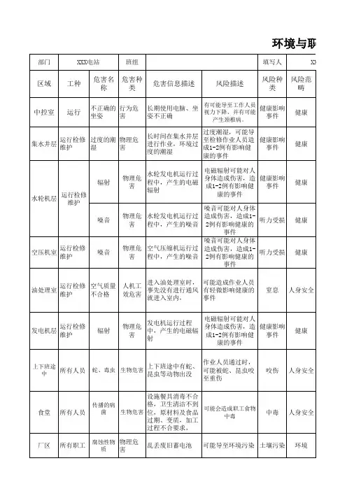 XXX水电站环境与职业健康风险评估表、普查表