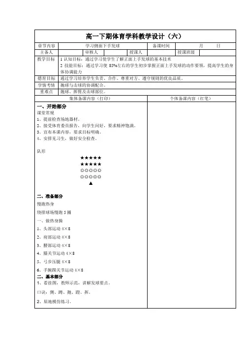 体育高一下学期《排球-学习侧面下手发球》教案