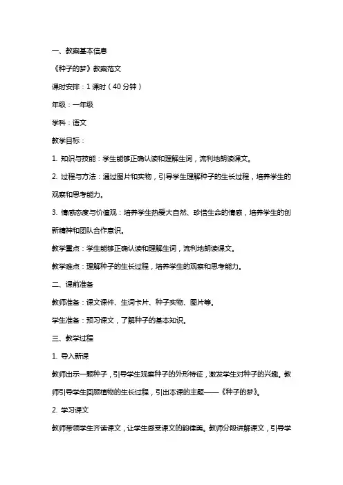 《种子的梦》教案范文