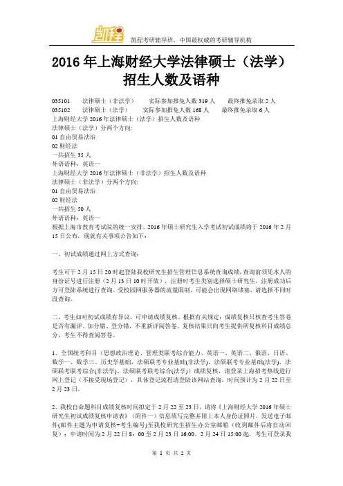 2016年上海财经大学法律硕士(法学)招生人数及语种