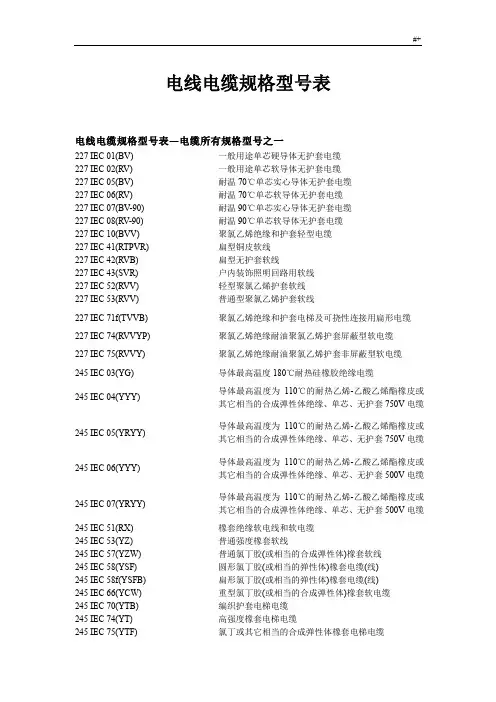 电线电缆规格型号(全部)
