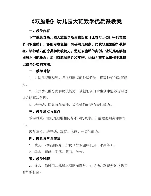 《双胞胎》幼儿园大班数学优质课教案