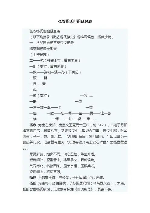 弘农杨氏世祖系总表
