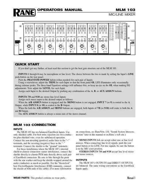 Rane MLM 103 混音器操作手册说明书