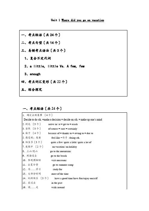 八年级上册Unit1Wheredidyougoonvacation知识点及习题