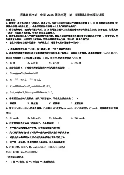 河北省衡水第一中学2025届化学高一第一学期期末检测模拟试题含解析