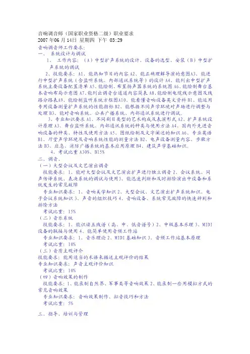 音响调音师（国家职业资格二级）职业要求