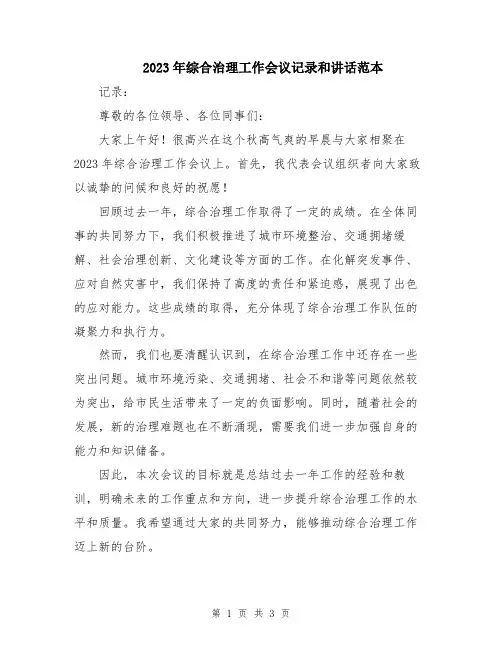 2023年综合治理工作会议记录和讲话范本