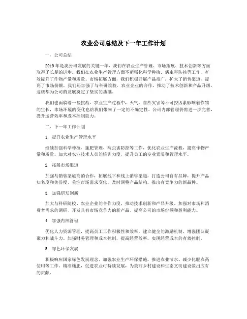 农业公司总结及下一年工作计划