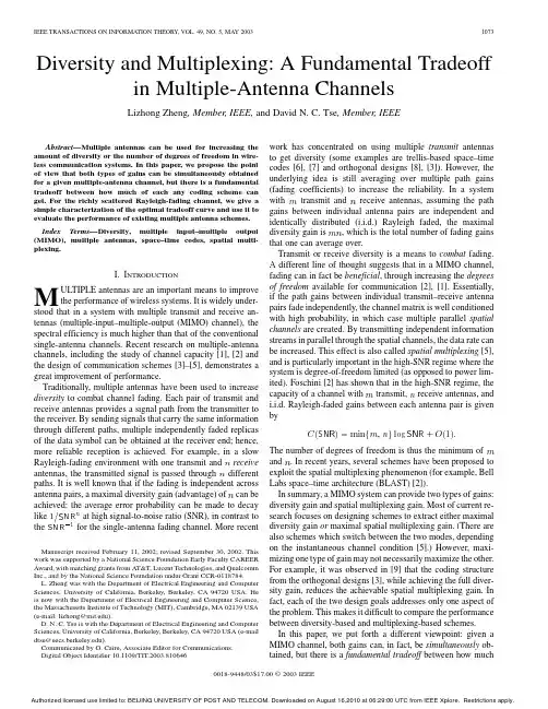 Diversity and multiplexing A fundamental tradeoff in multiple antenna channels
