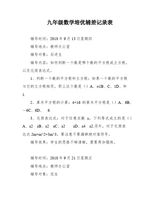 九年级数学培优辅差记录表
