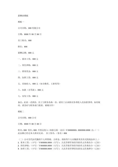 薪酬表模板