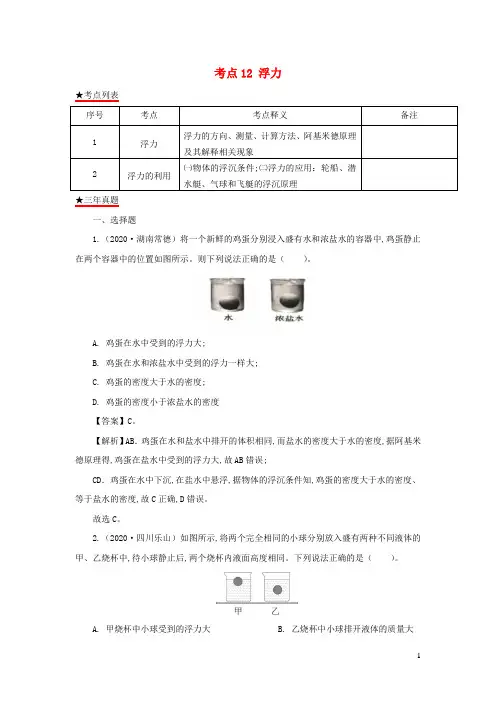 中考物理真题分类详解汇编考点12浮力含解析